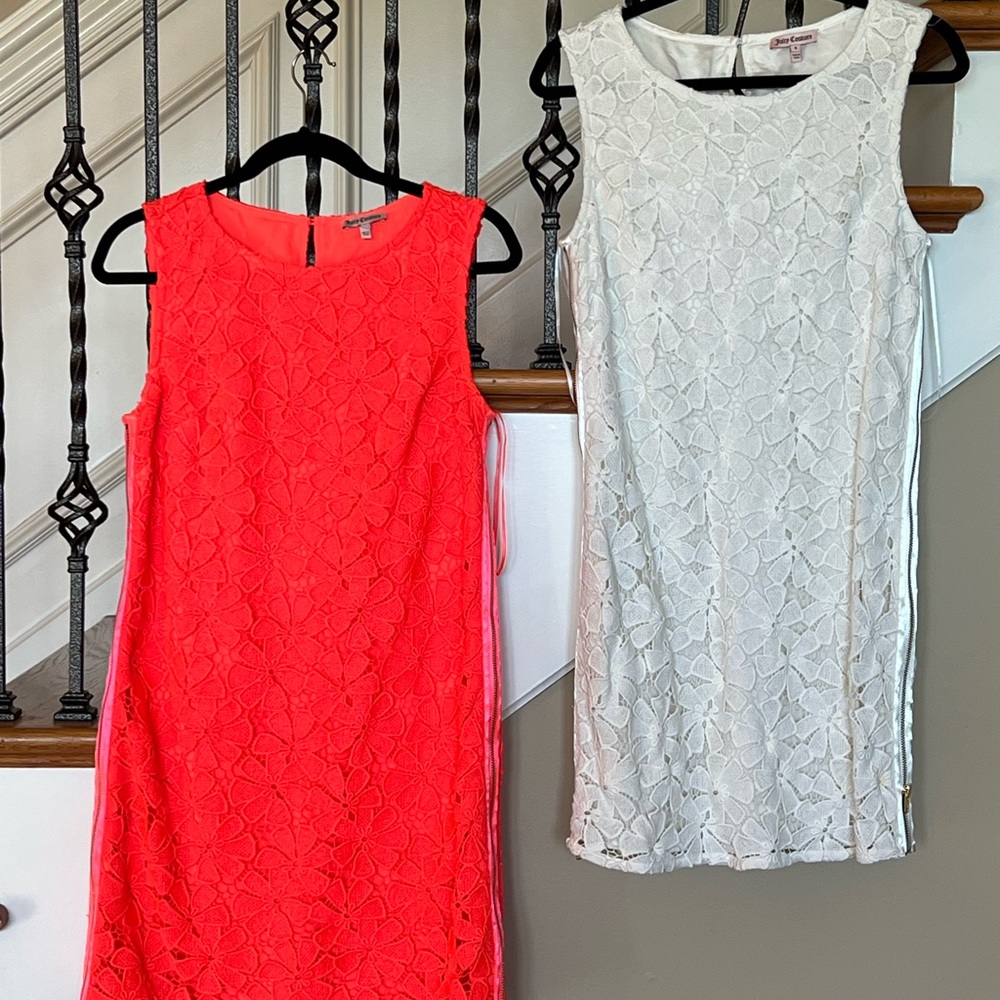2 Juicy Couture Coral and White Lace Mini sleeveless Dresses